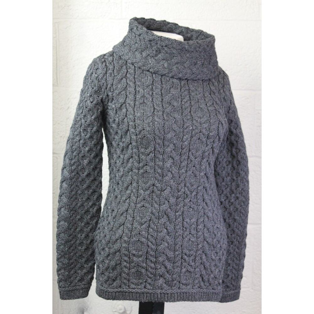 Aran Mor Ireland 100% Merino Wool Gray Jumper Size S Chunky Knit Roll Neck